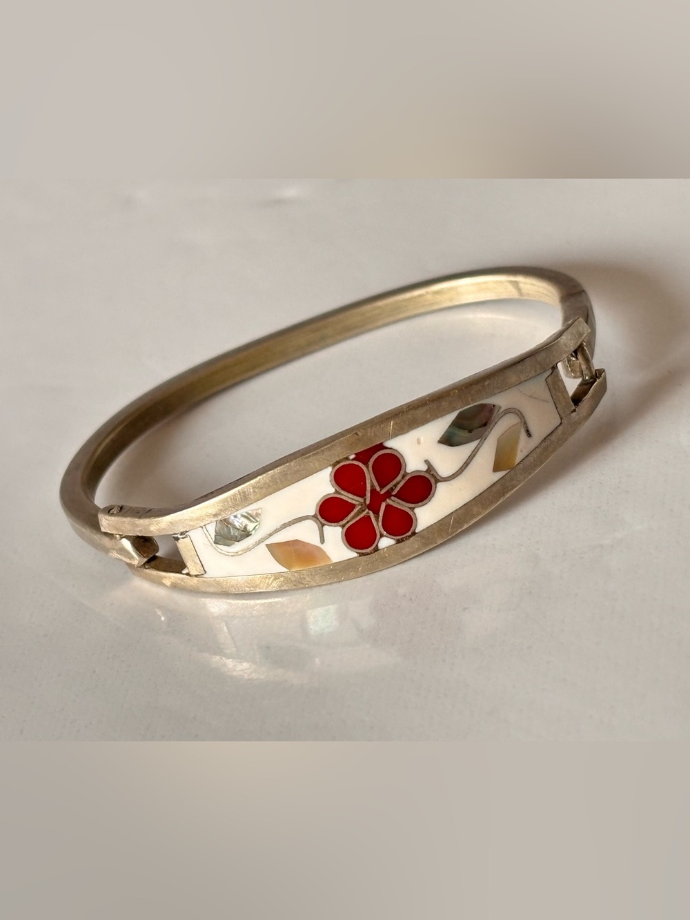 Vintage Alpaca Mexico Abalone Shell Inlay flowers Silver-Tone Bangle Bracelet